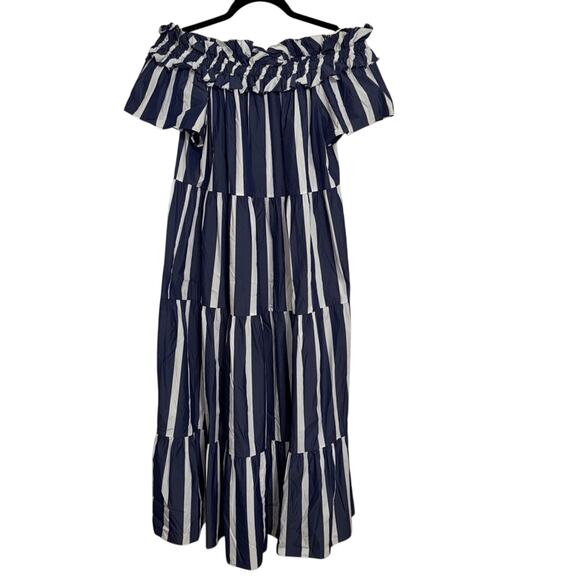 Trina Turk Cattleya Off the Shoulder Midi Dress Blue White Size M-L - Picture 2 of 5